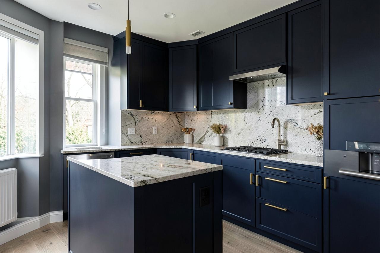 Renovated modern kitchen with navy cabinetry and brass handles
