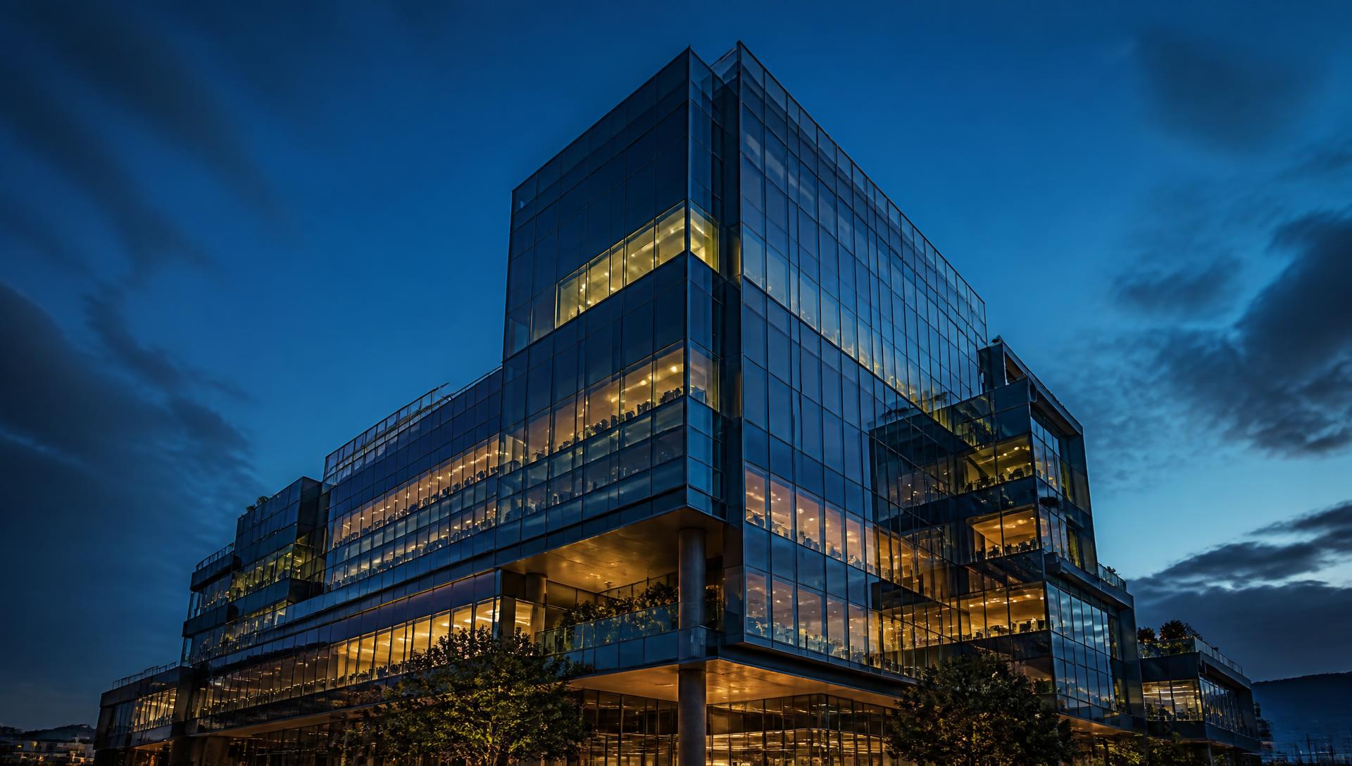Modern corporate office building at dusk